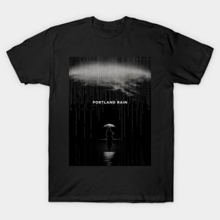 Portland Oregon Winter Rain: A person isolated under an umbrella in the pouring rain on a Dark Background T-Shirt